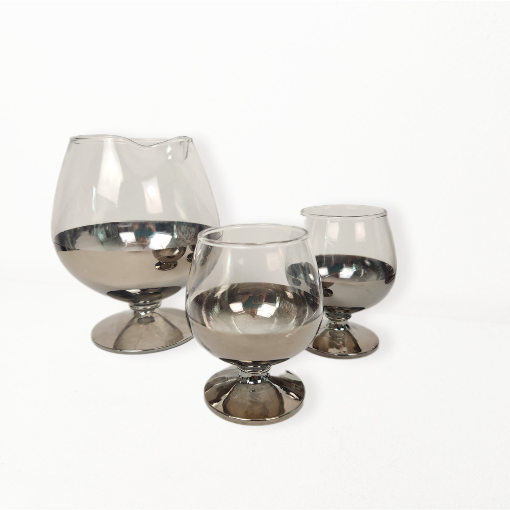 Brandy Snifter Glasses Pitcher Silver Set MCM Barware Mercury 50s 60s